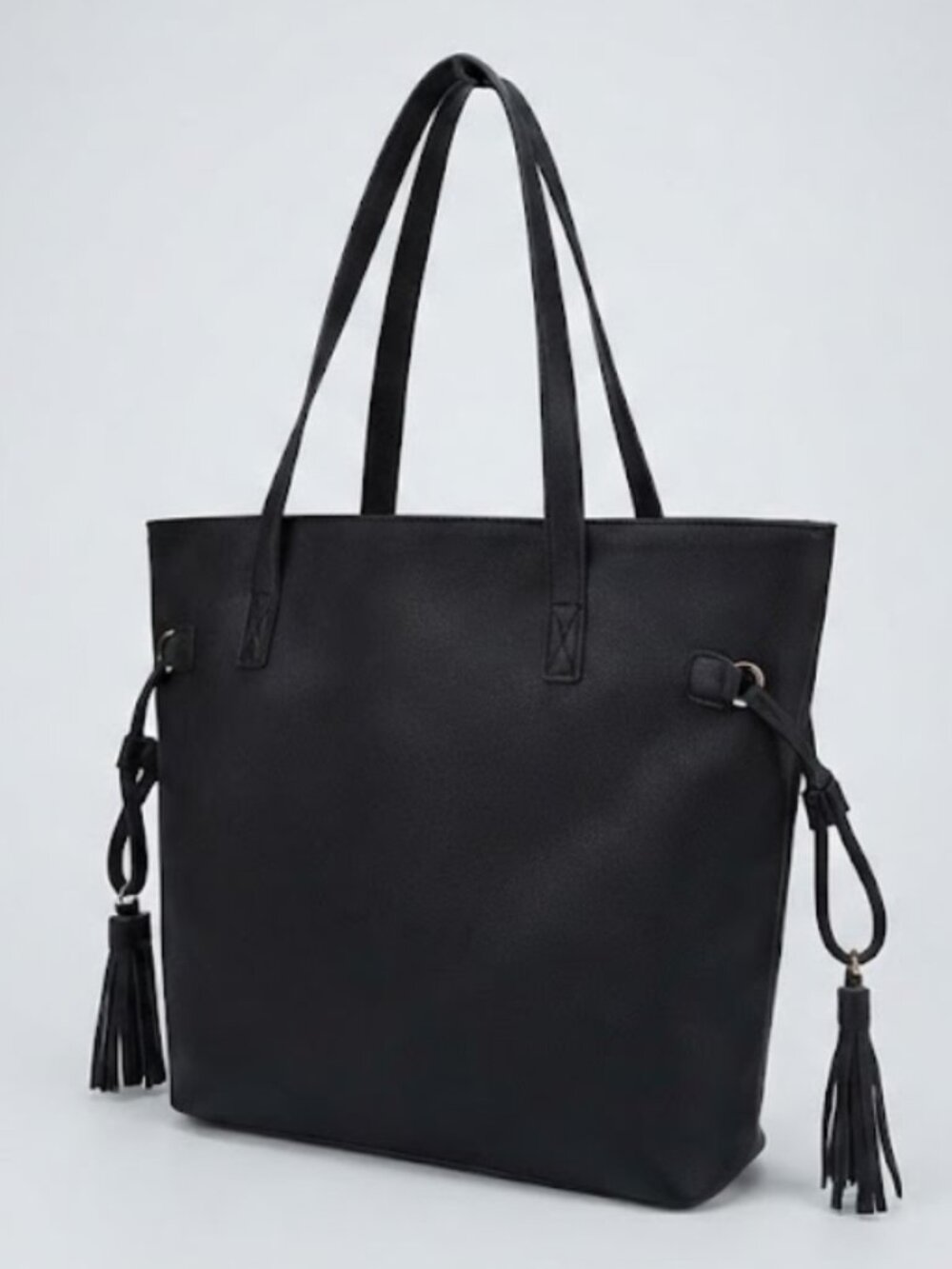 Black Leather Tote Bag with Tassels